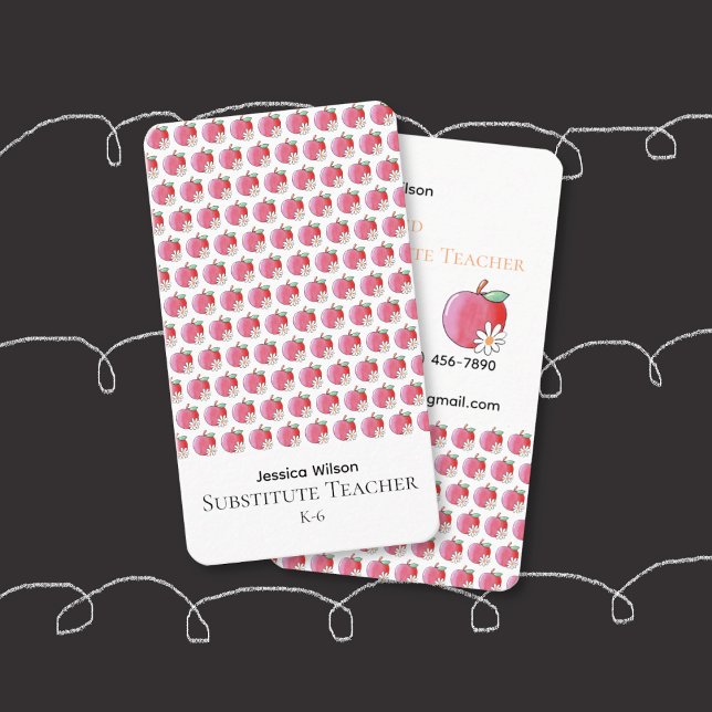 Red Apple Daisy Pattern Sub Vertical Business Card (Red apple and white flower pattern substitute teacher vertical business card .)