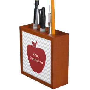 Red Apple Grey Chevron Teacher Desk Organizer