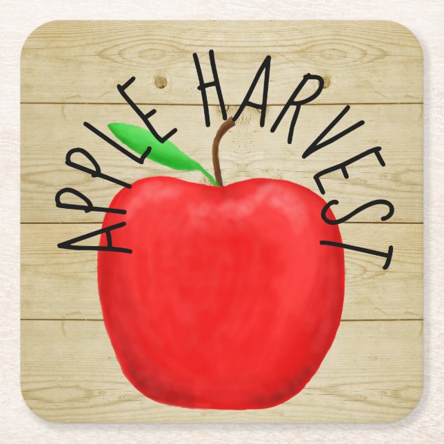 Red Apple Harvest Wooden Sign Paper Coaster (Front)