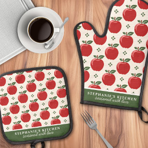 Red Apple Pattern Personalized Name Oven Mitt & Pot Holder Set