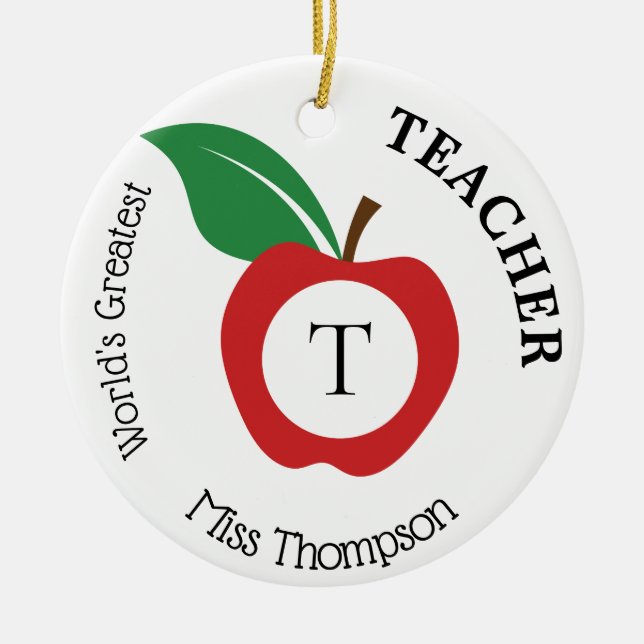 Red Apple Personalized Teacher Monogram Ceramic Ornament (Front)