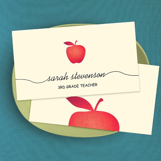 Red Apple School Teacher Simple Pale Yellow Business Card (Creator Uploaded)