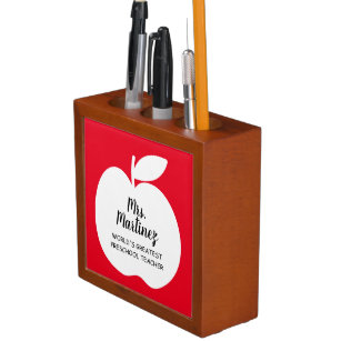 Red apple silhouette greatest preschool teacher desk organizer