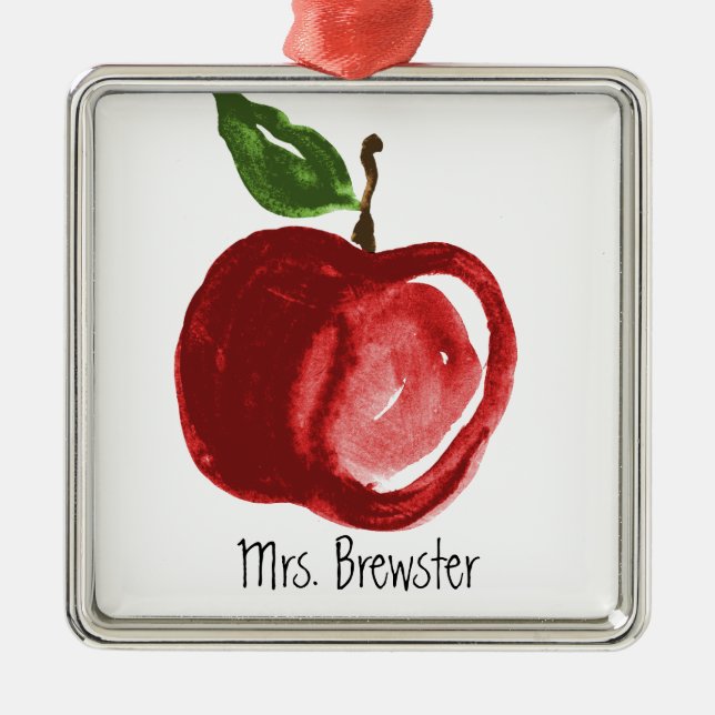 Red Apple Teacher's Monogrammed Name Metal Ornament (Front)
