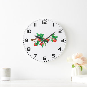 Red Apple Tree Branch Fresh Fruit and Green Leaves Large Clock