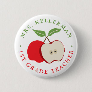 Red Apple with Teacher's Name and Grade 2 Inch Round Button