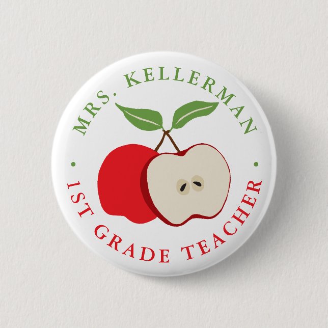 Red Apple with Teacher's Name and Grade 2 Inch Round Button (Front)