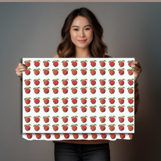 Red Apples and Green Leaves in Woodcut Pattern on  Tissue Paper