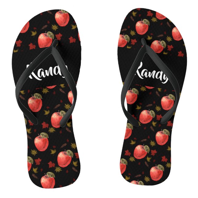 Red apples and leaves on black flip flops (Footbed)