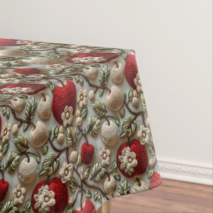 Red Apples and White Blossoms Faux Crochet  Tablecloth