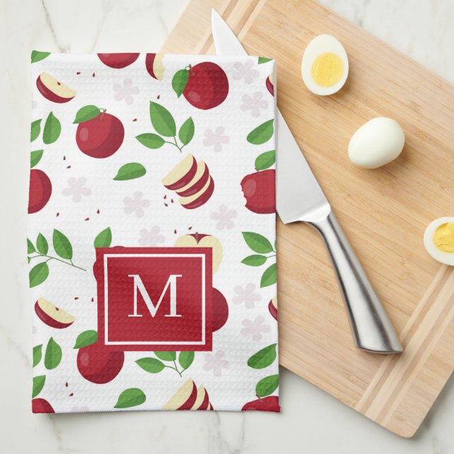 Red Apples, Blossoms Greenery Monogrammed Initial Kitchen Towel (Quarter Fold)