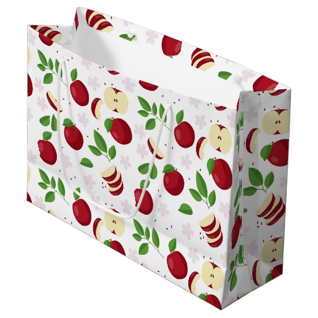 Red Apples, Blossoms & Greenery Pattern Large Gift Bag (Front Angled)
