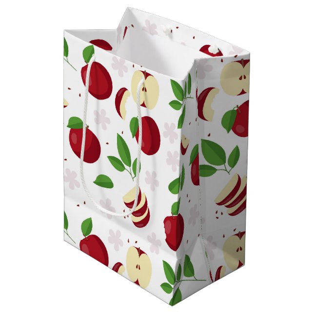 Red Apples, Blossoms & Greenery Pattern Medium Gift Bag (Front Angled)