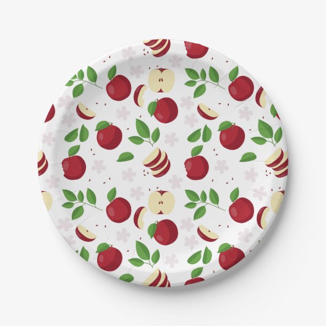 Red Apples, Blossoms & Greenery Pattern Paper Plate (Front)