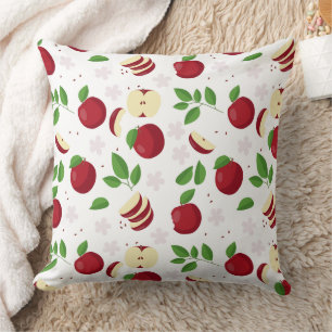 Red Apples, Blossoms & Greenery Pattern Throw Pillow