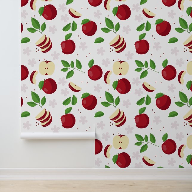 Red Apples, Blossoms & Greenery Pattern Wallpaper (Application)