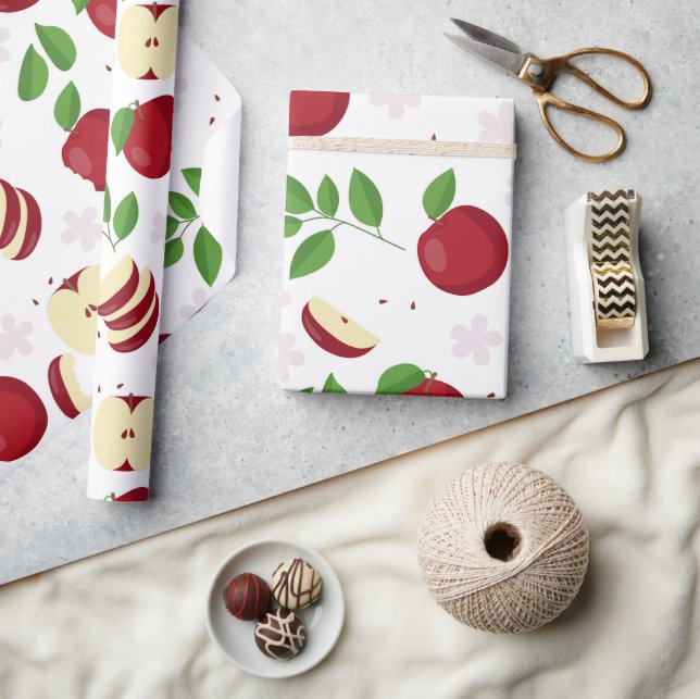 Red Apples, Blossoms & Greenery Pattern Wrapping Paper (Crafts)