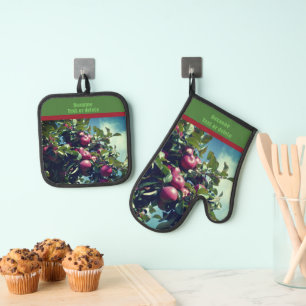 Red Apples On The Tree Country Personalized Oven Mitt & Pot Holder Set