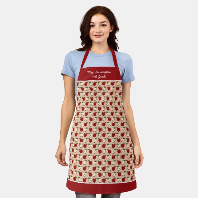 Red Apples Teacher School Pattern Personalized Apron (Worn)