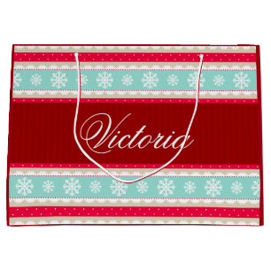 Red Aqua Blue Christmas Pattern Personalized Name Large Gift Bag