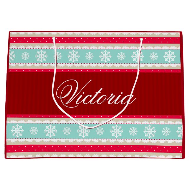 Red Aqua Blue Christmas Pattern Personalized Name Large Gift Bag (Front)