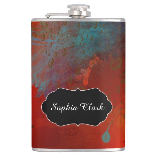 Red, Aqua & Gold Grunge Abstract Art, Personalized Hip Flask (Front)