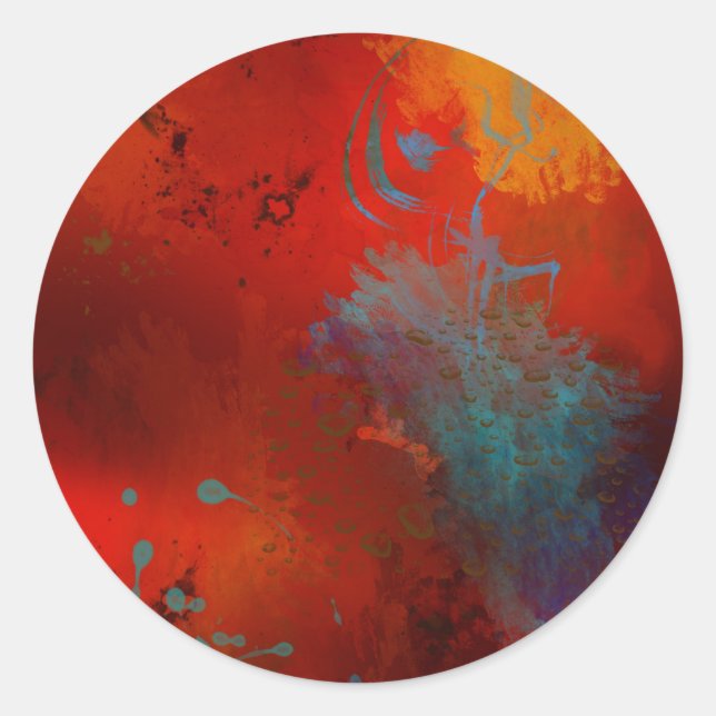 Red, Aqua & Gold Grunge Digital Abstract Art Classic Round Sticker (Front)