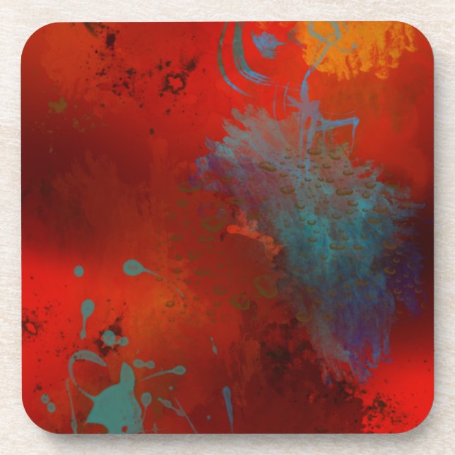 Red, Aqua & Gold Grunge Digital Abstract Art Coaster (Front)