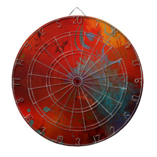 Red, Aqua & Gold Grunge Digital Abstract Art Dartboard