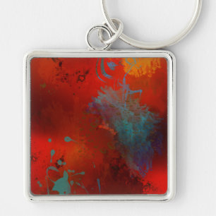Red, Aqua & Gold Grunge Digital Abstract Art Keychain