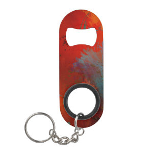 Red, Aqua & Gold Grunge Digital Abstract Art Keychain Bottle Opener