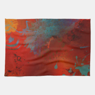 Red, Aqua & Gold Grunge Digital Abstract Art Kitchen Towel