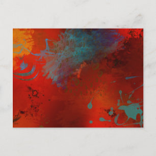Red, Aqua & Gold Grunge Digital Abstract Art Postcard