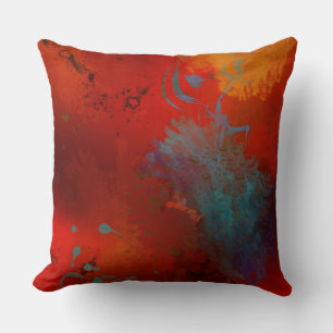 Red, Aqua & Gold Grunge Digital Abstract Art Throw Pillow