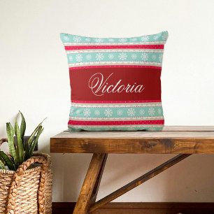 Red Aqua Snowflakes Christmas Pattern Custom Name Throw Pillow