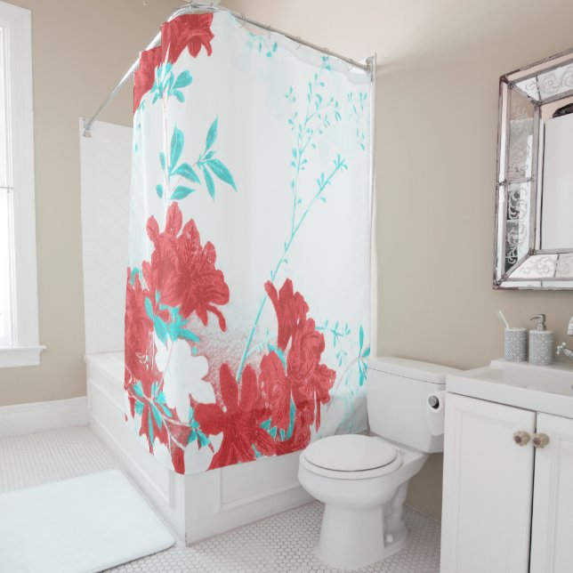 Red aqua teal spring flower blossom shower curtain (In Situ)