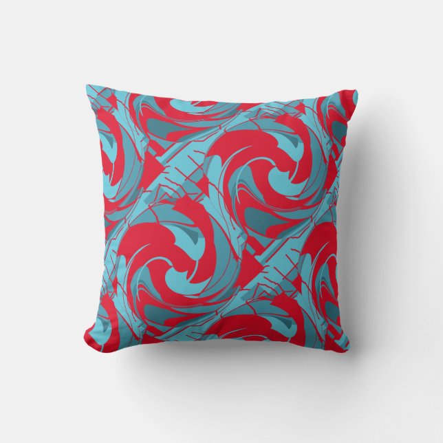 Red Aqua Turquoise Diagonal Twirling Art Design Throw Pillow (Front)