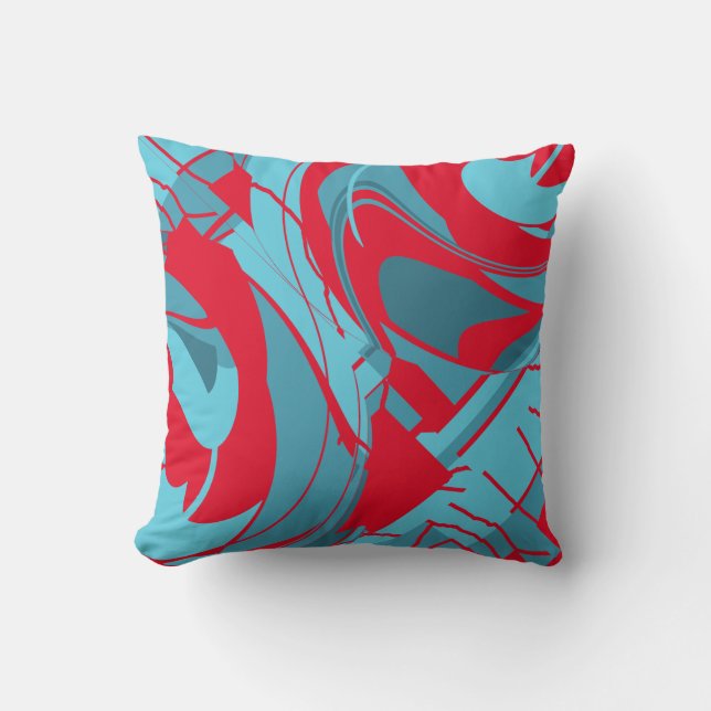 Red Aqua Turquoise Flowing Abstract Floral Design Throw Pillow (Front)