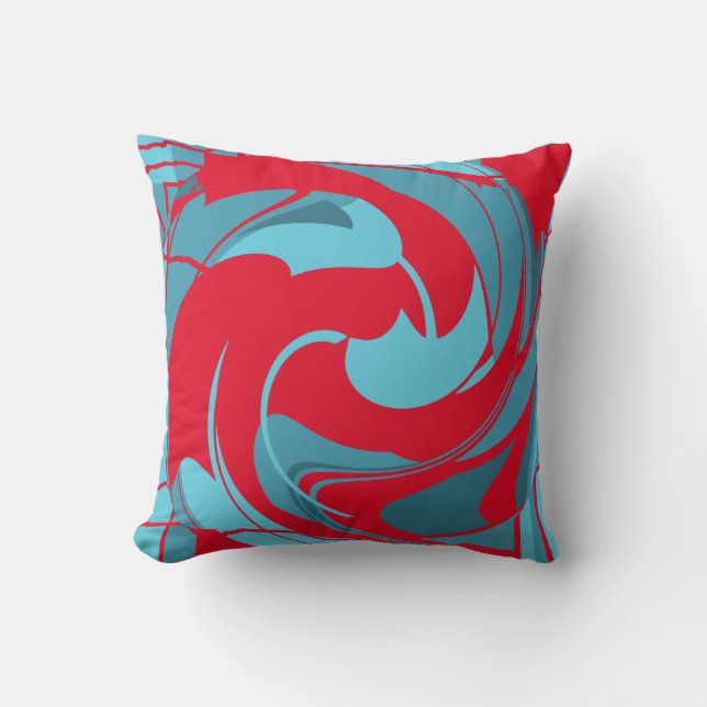 Red Aqua Turquoise Swirling Abstract Flower Design Throw Pillow (Front)