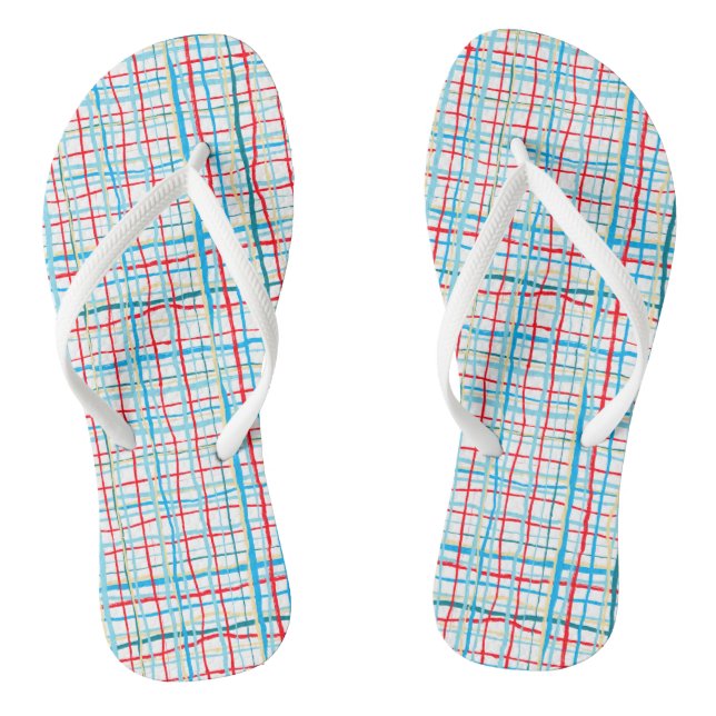 Red Aqua Turquoise Yellow Squiggly Lines Plaid on  Flip Flops (Footbed)