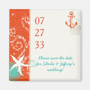 Red Aqua White Nautical Wedding Save the Date Magnet