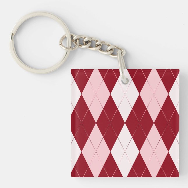 Red Argyle Crimson Pink Small Diamond Shape Keychain (Front)
