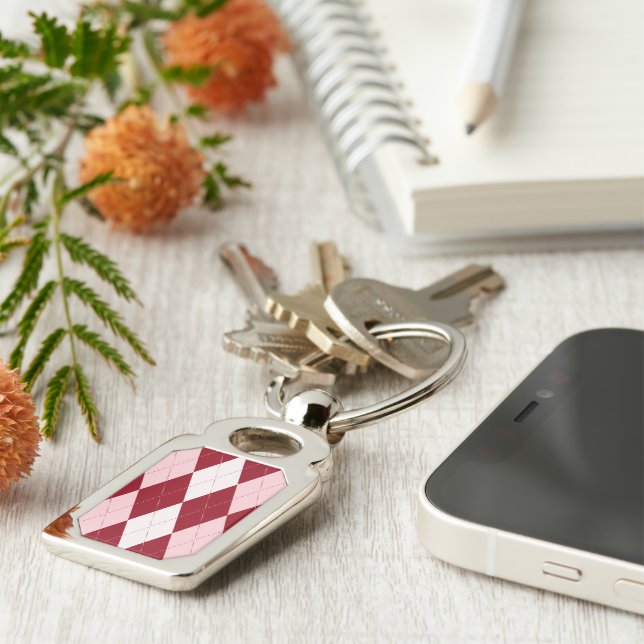 Red Argyle Crimson Pink Small Diamond Shape Keychain (Side)