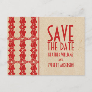 Red Art Deco Border Save the Date Postcard