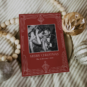 Red Art Deco   Modern Photo Christmas Holiday Card