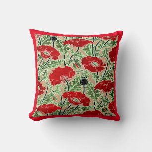 Red Art Nouveau Poppy Throw Pillow