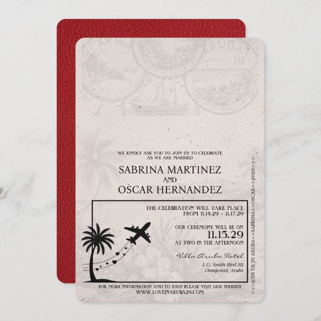 Red Aruba Passport Wedding Invitation (Front/Back)