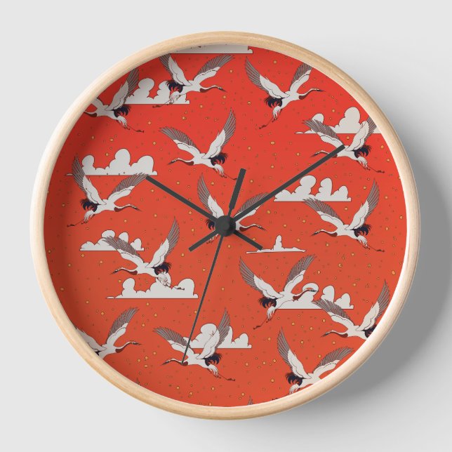 Red Asian Crane Pattern Clock (Front)