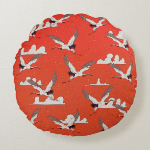 Red Asian Crane Pattern Round Pillow