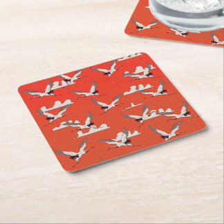 Red Asian Crane Pattern Square Paper Coaster